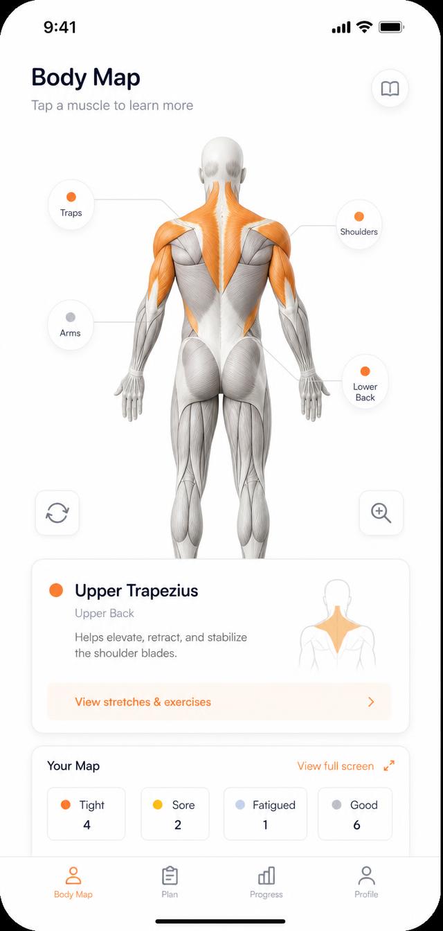 Interactive body map highlighting muscle regions